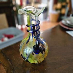 Colorful Glass Vase with Blue and Yellow Accents